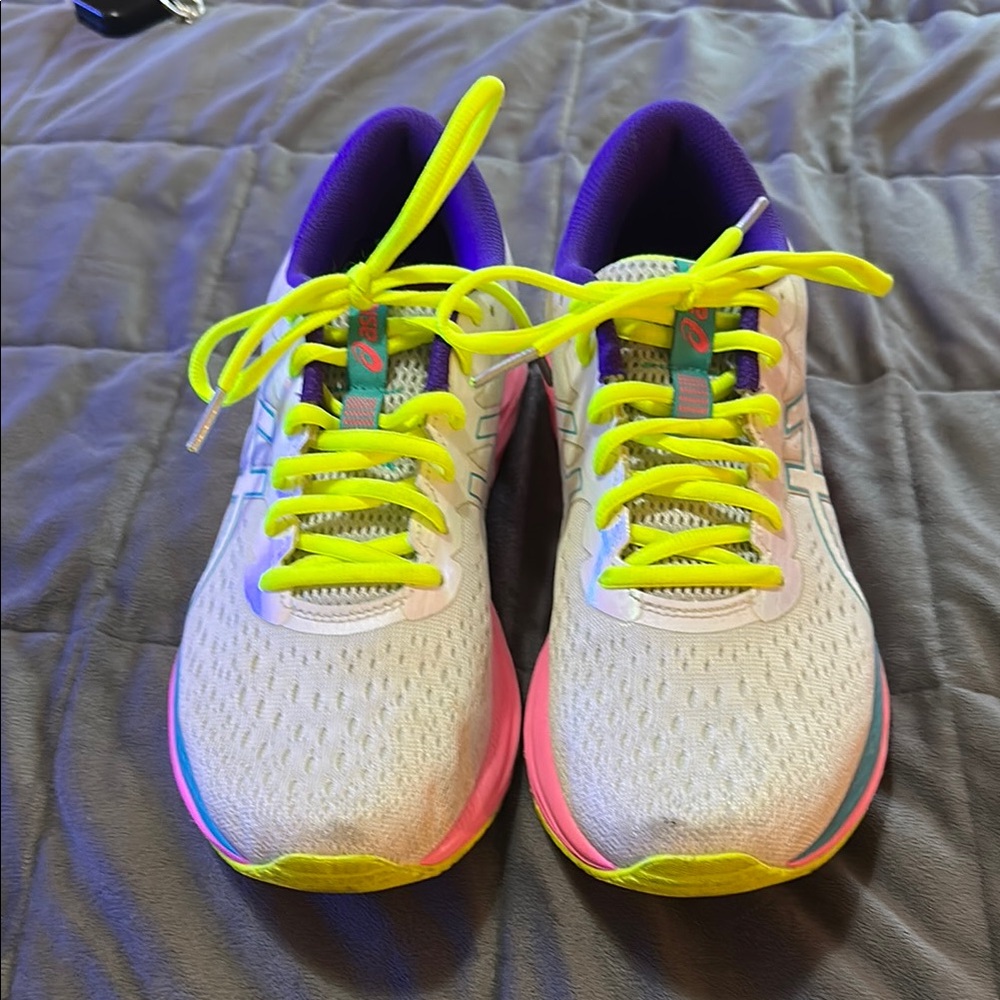 Asics Gel Excite 7, White with Neon Yellow and Purple Accents Sneakers